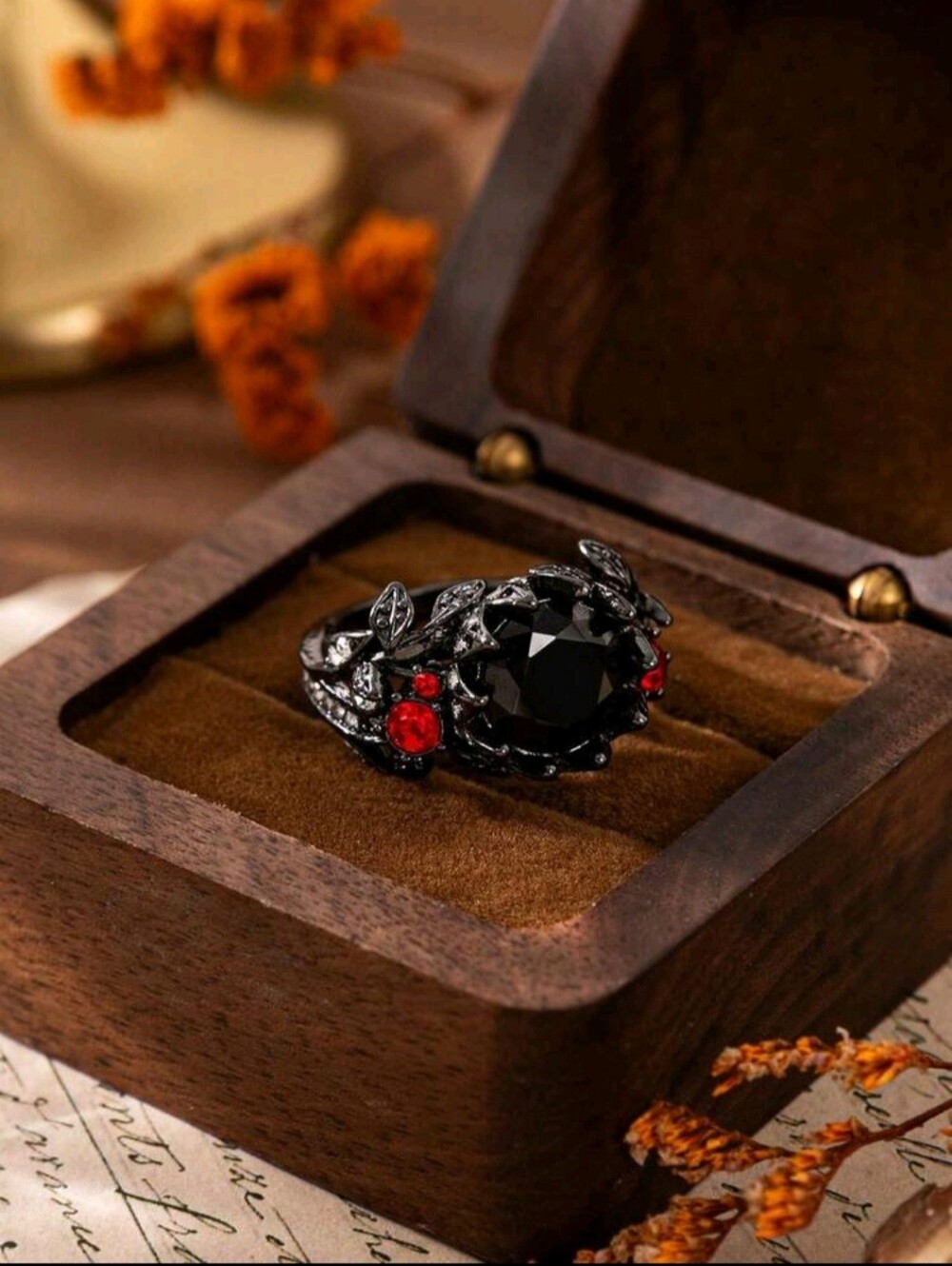 Gothic Black Floral Ring Red Zirconia Gem Accents Goth Vampire Dark Jewelry, 8 - Picture 4 of 5